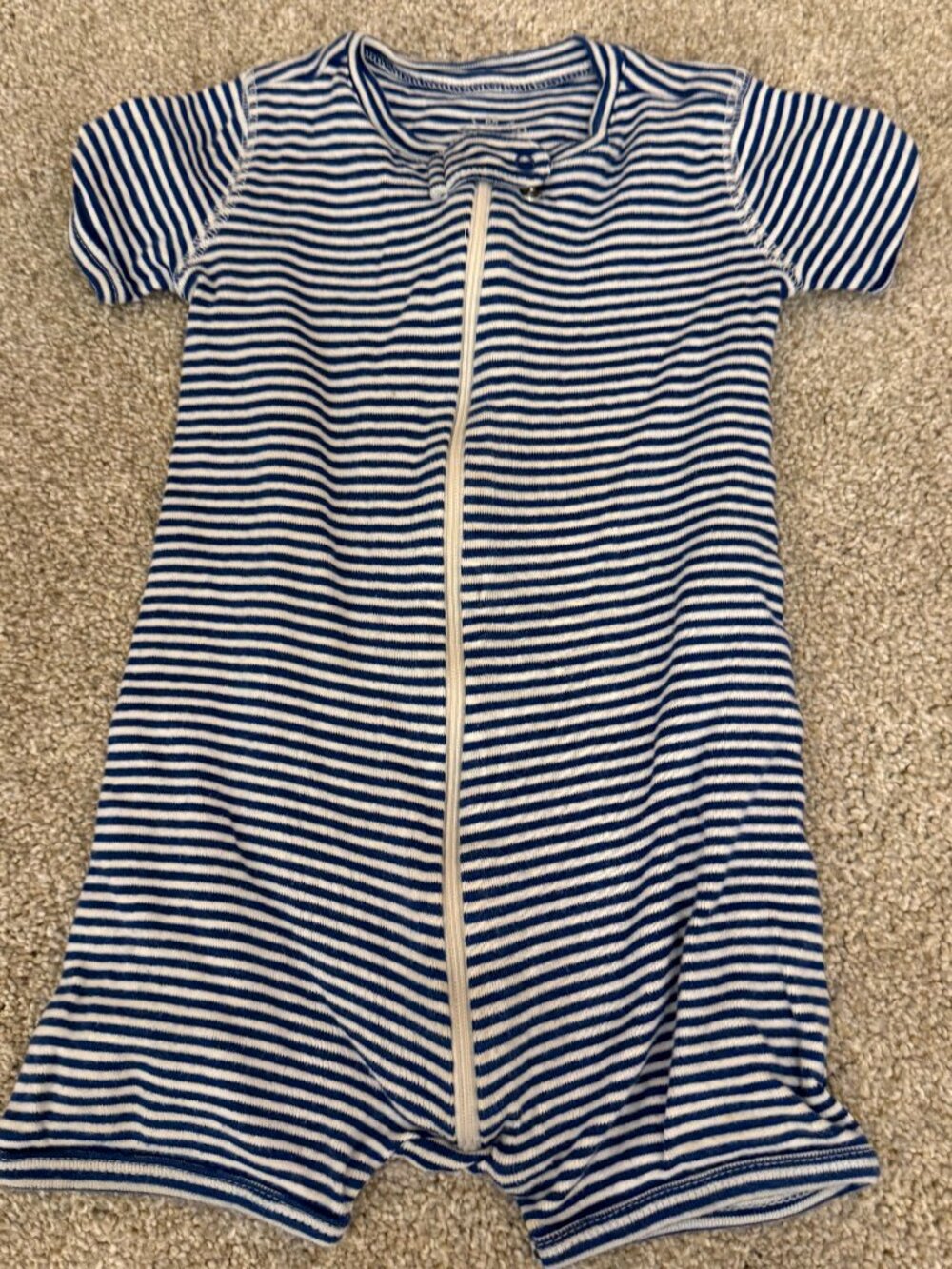 Primary Cobalt Ivory Stripe Short Sleeve Zip Romper 12-18M